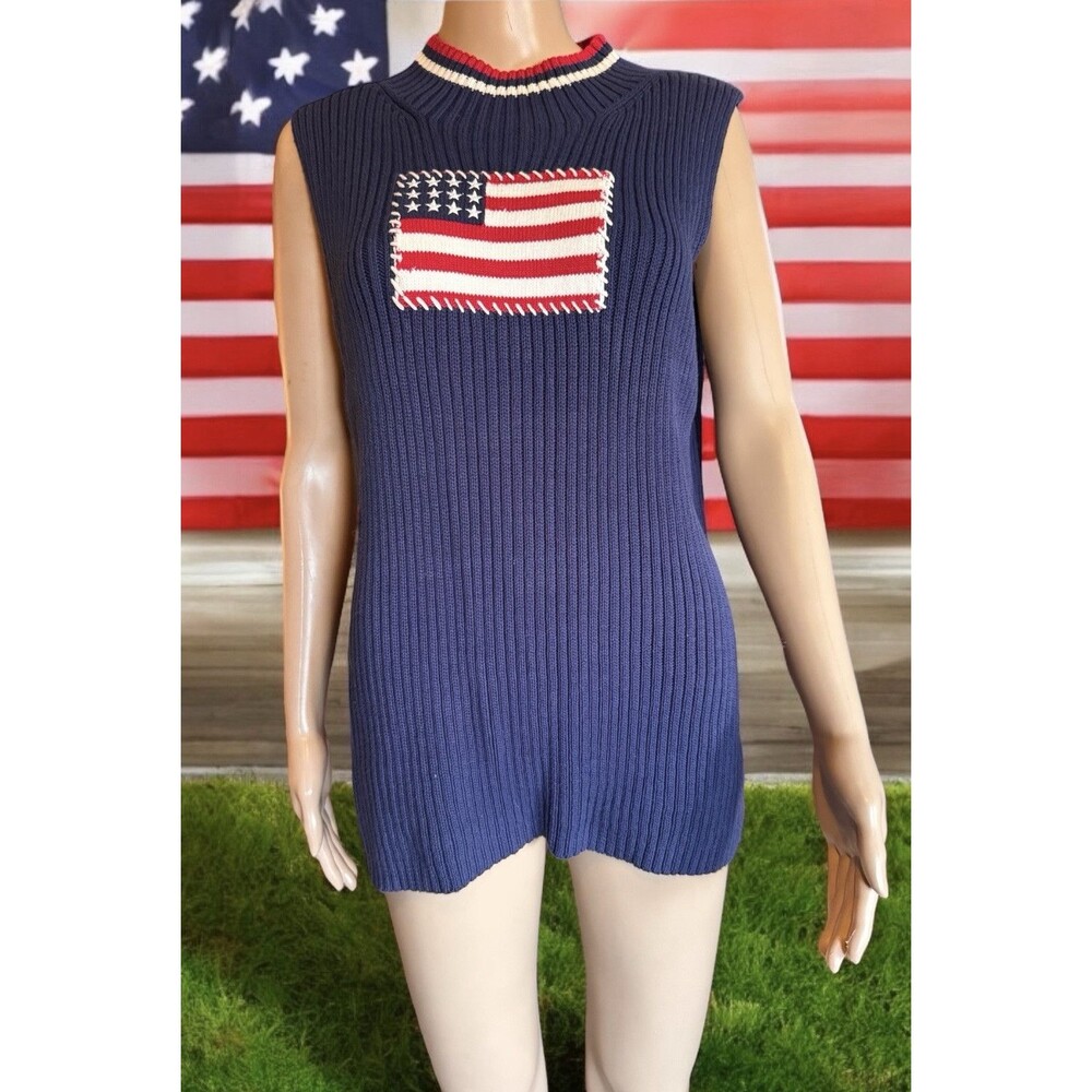 VTG Croft & Barrow Woman’s Sweater Tank Top Sleeveless Knitted American Flag lX